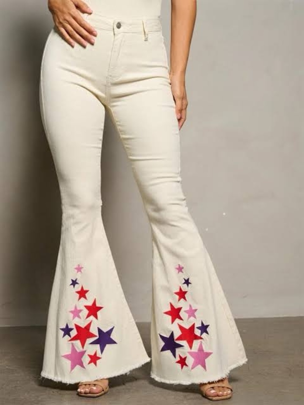 Peach Love Ivory High Rise Flare Bell Bottoms Jeans With Lower Leg Star Print